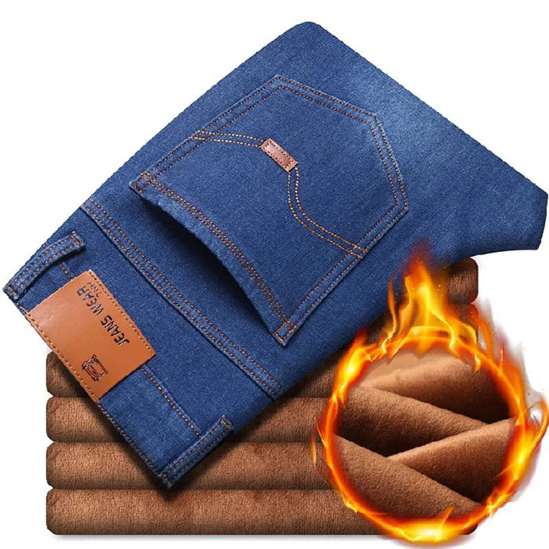 Männer Neue Mode Winter Warme Jeans Männlichen Fleece Gefüttert Verdickte Denim Hosen Lose Gerade Bequeme Casual Schwarz Blau Hosen