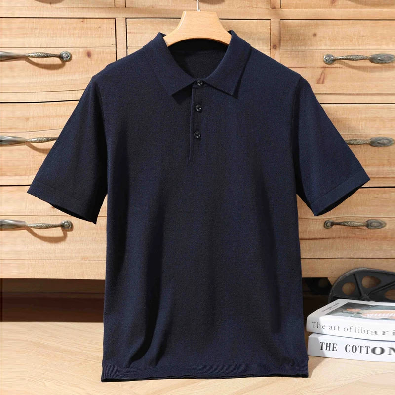 Sommer 100 % Merinowolle Herren Reverspullover Kurzarm POLO-Ausschnitt Pullover lockeres Top Business Casual Strick-T-Shirt
