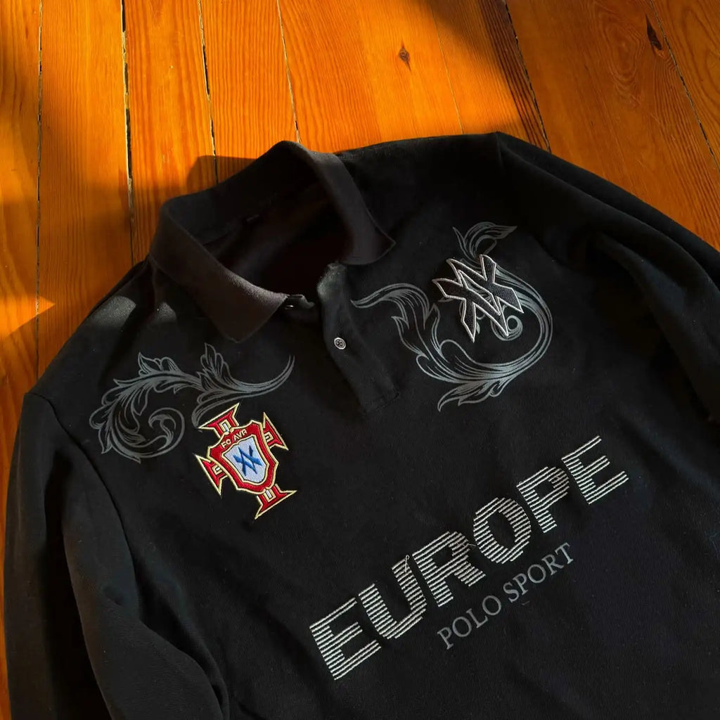 Retro Langarm Poloshirt Y2k Casual Lose Brief Muster Stickerei T Shirts Straße Sweatshirt Männer Baumwolle Jersey Revers Golf