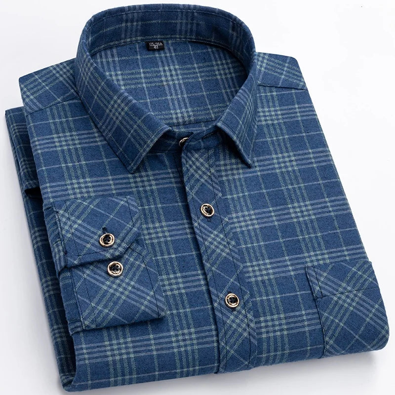 M-6XL Herren Flanell hemden aus reiner Baumwolle Langarm Single Pocket Casual Plaid dicke weiche gemütliche gebürstete Hemden Bluse Männer Kleidung
