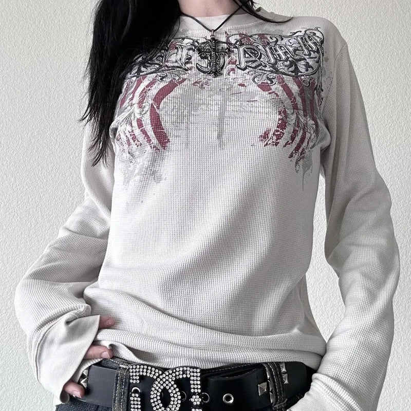 Grunge Cyber Mall Goth Thermo T-Shirt Totenköpfe Grafikdruck Langarm Pullover Tops Damen 90er Jahre Vintage Ästhetische T-Shirts