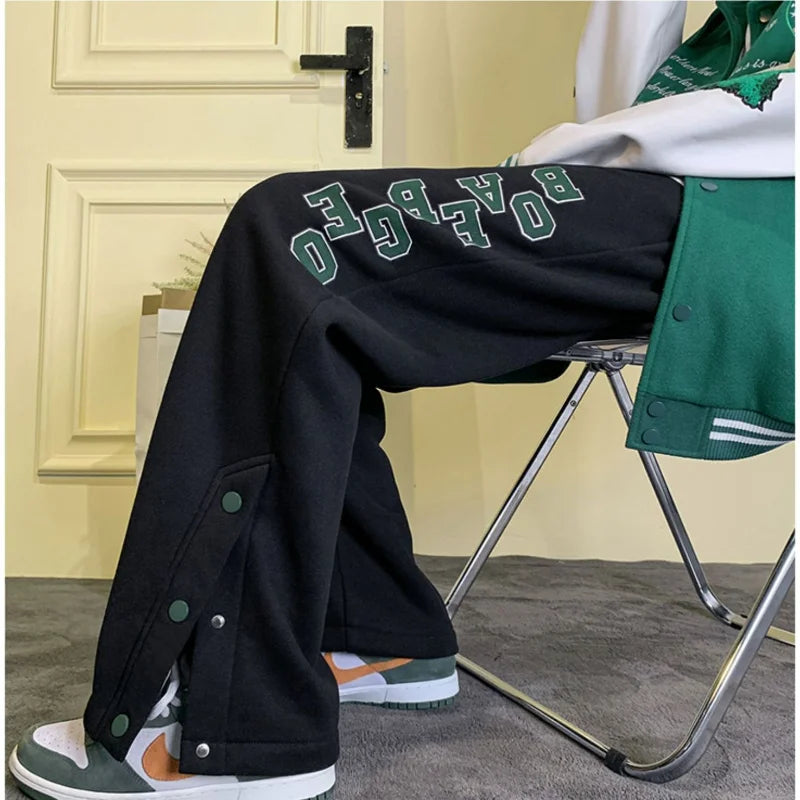 Sports Hosen Männer feste Buchstaben Patchwork Tasche lose Herbst gerade breite Bein Hose