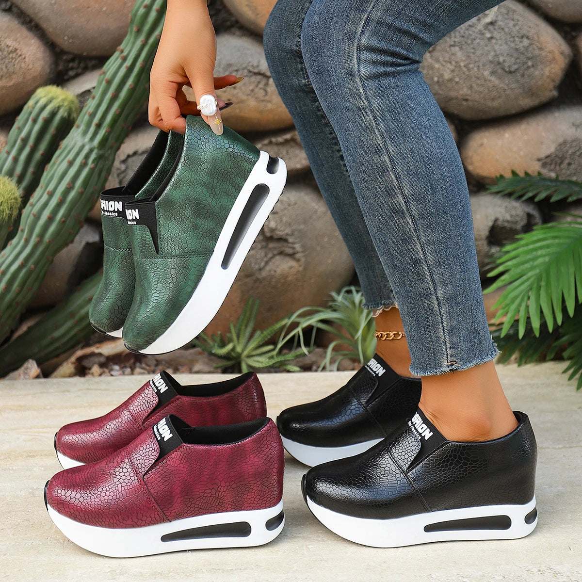 Damen-Sneaker für Frühling und Herbst, einfarbig, bequemer Plateau-Wanderschuh, leicht, rutschfest, dickbesohlt, Low-Top-Schuhe, Zapatillas