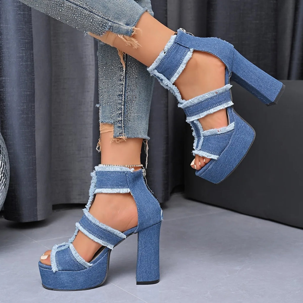 Sommer Frauen Sandalen Neue Plattform Blau Denim Ankle Strap High Heels Schuhe für Frauen Mode Im Freien Sexy Peep Toe Sandalen Frauen