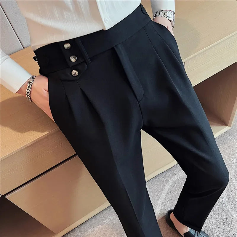 2026 Frühling Herbst Männer Hohe Taille Gürtel Design Beiläufige Dünne Formale Kleid Hose Männer Sozialen Büro Hochzeit Party Kleid Anzug Hosen