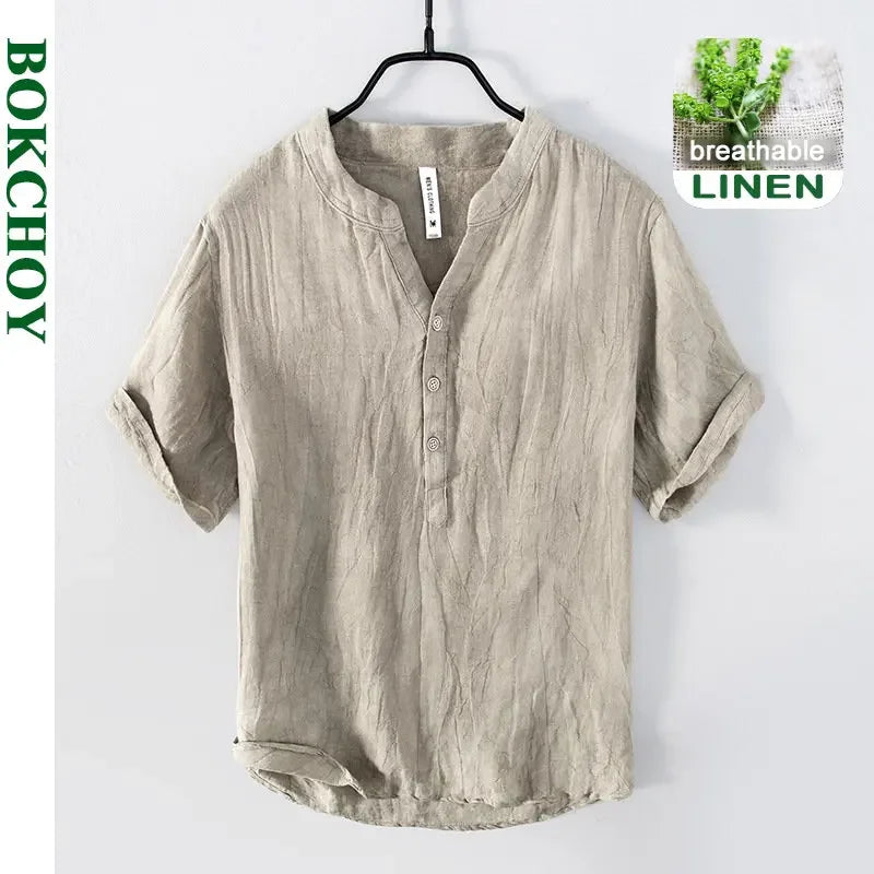 Sommer neue Vintage reine Leinen Kurzarm T-Shirt für Männer dünne einfarbige schlanke Männer Kleidung große Größe bl888