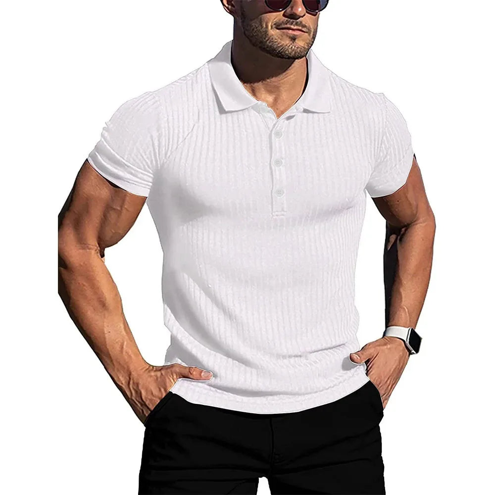 Neue Sommer Polo Männer Solide Streifen Fitness Elastizität Kurzarm Polo Shirts für Männer Mode Stehen Kragen Herren Shirts