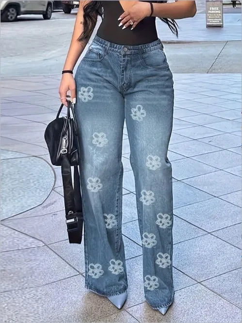 Damenjeans 2025, Frühling und Herbst, neue Mode, Blumendruck, hohe Taille, Taschendesign, lockere Jeans, gerades Bein, lässige Hosen