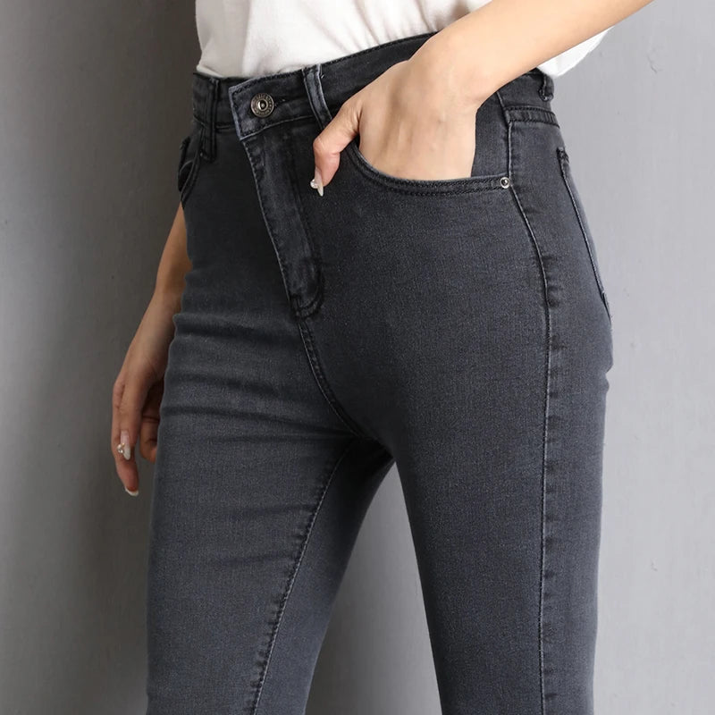 Jeans für Frauen Mom Jeans Blau Grau Schwarz Frau Hohe Elastische Stretch Jeans Weibliche Gewaschene Denim Skinny Bleistift Hosen