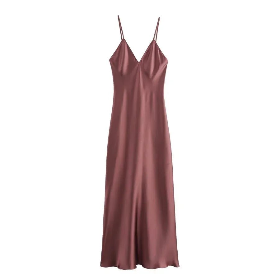Neues elegantes Damen-Midikleid aus Seidensatin mit sexy Rückenausschnitt für Partys.