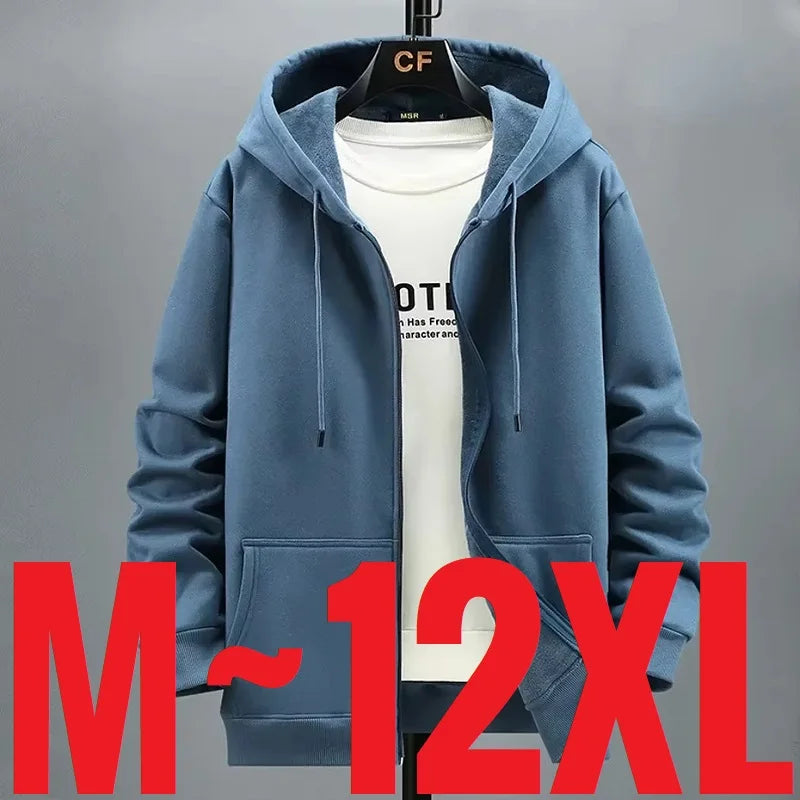 Große Größe Hoodie Männer Kapuze Langarm Sweatshirt Männlich Zip-up Lose Baumwolle Fleece-gefüttert Casual Top Zipper Große fett Plus 10XL 12XL