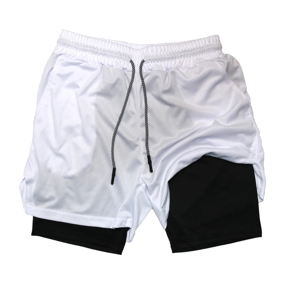 Doppelschichtige Fitness-Shorts für Herren, für Fitness, Fitnessstudio, Training, 2-in-1-Sport-Shorts, schnell trocknend, Workout, Joggen, Doppeldeck, Sommer