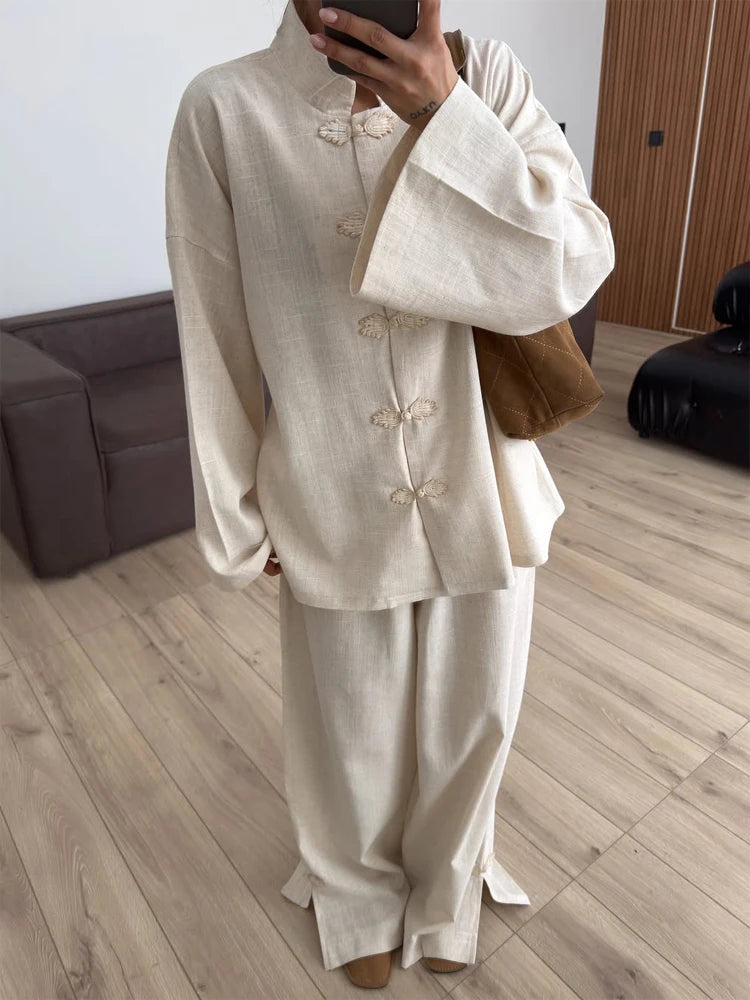 Lässiges chinesisches Hemd-Hosen-Set für Damen: Stehkragen, Langarm, Einreiher, lockere Hemden und Hosen, Streetwear-Outfit für Damen