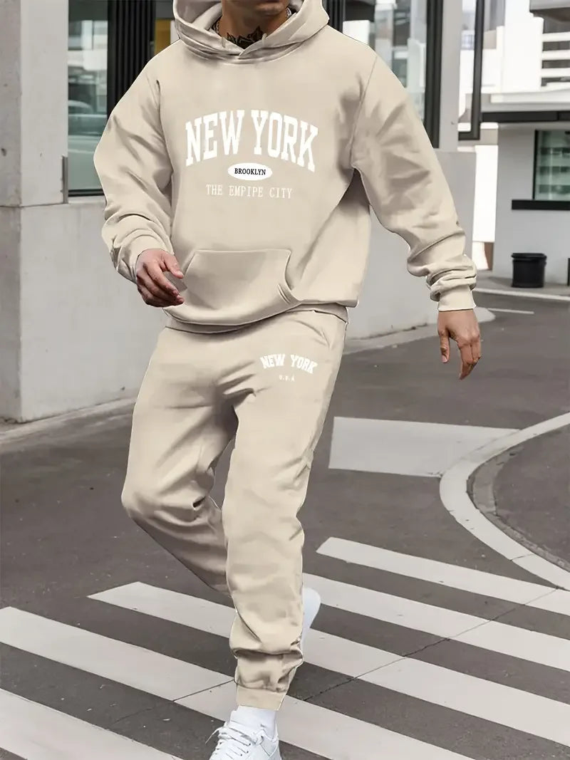 Herren Samt Verdickt Sport Set New York Brief Gedruckt Frühling und Herbst Hoodie Set Langarm Casual Bequeme Tasche Hoo