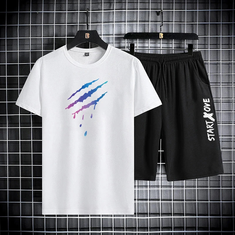 Sommer, dünn, lässig, schnell trocknend, zweiteiliges Set, Herren-Set, Sport, Outdoor, Laufen, Kurzarm-T-Shirt + Shorts, Trainingsanzug-Sets