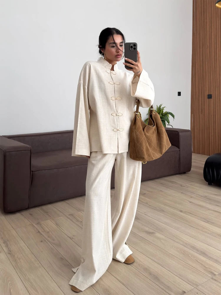 Lässiges chinesisches Hemd-Hosen-Set für Damen: Stehkragen, Langarm, Einreiher, lockere Hemden und Hosen, Streetwear-Outfit für Damen