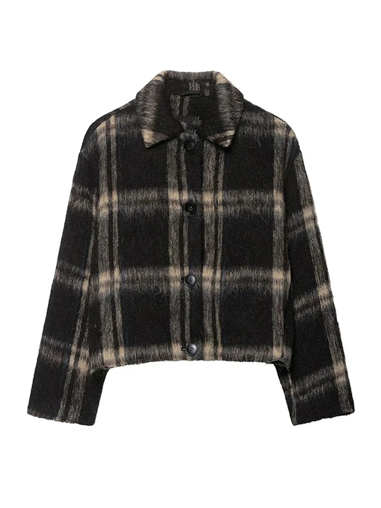 Plaid Rundhals Frauen Kurze Jacke Elegante Oversize Volle Ärmel Zweireiher Mantel 2024 Neue Herbst Winter Pendeln Outcoat Top