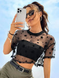 Sommer-Outfits mit Sternenmuster, tief angesetzte Schulter, bauchfreies Mesh-Top ohne Leibchen