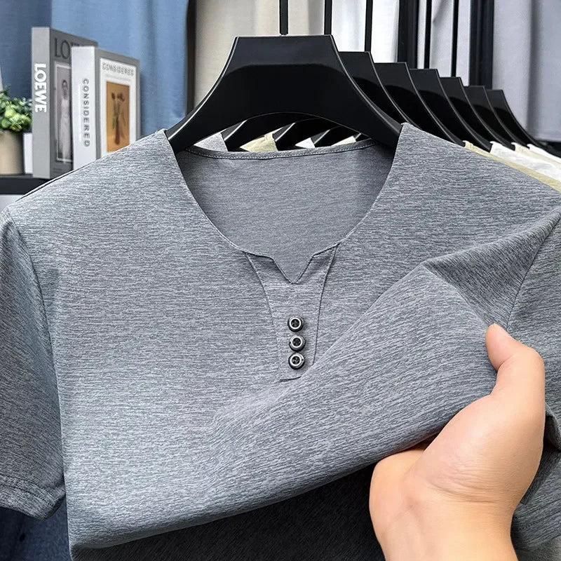 2026 neue männer Business Casual Drei Taste V-ausschnitt Kurzarm T-shirt Koreanischen Stil Sommer Komfortable Vielseitige Top