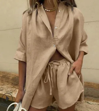 Casual Baumwolle Einfarbig Sets Frauen Kurzarm Lose Hemd Breite Bein Shorts Zwei Stück Set Frau Anzüge 2024 Sommer Outfits