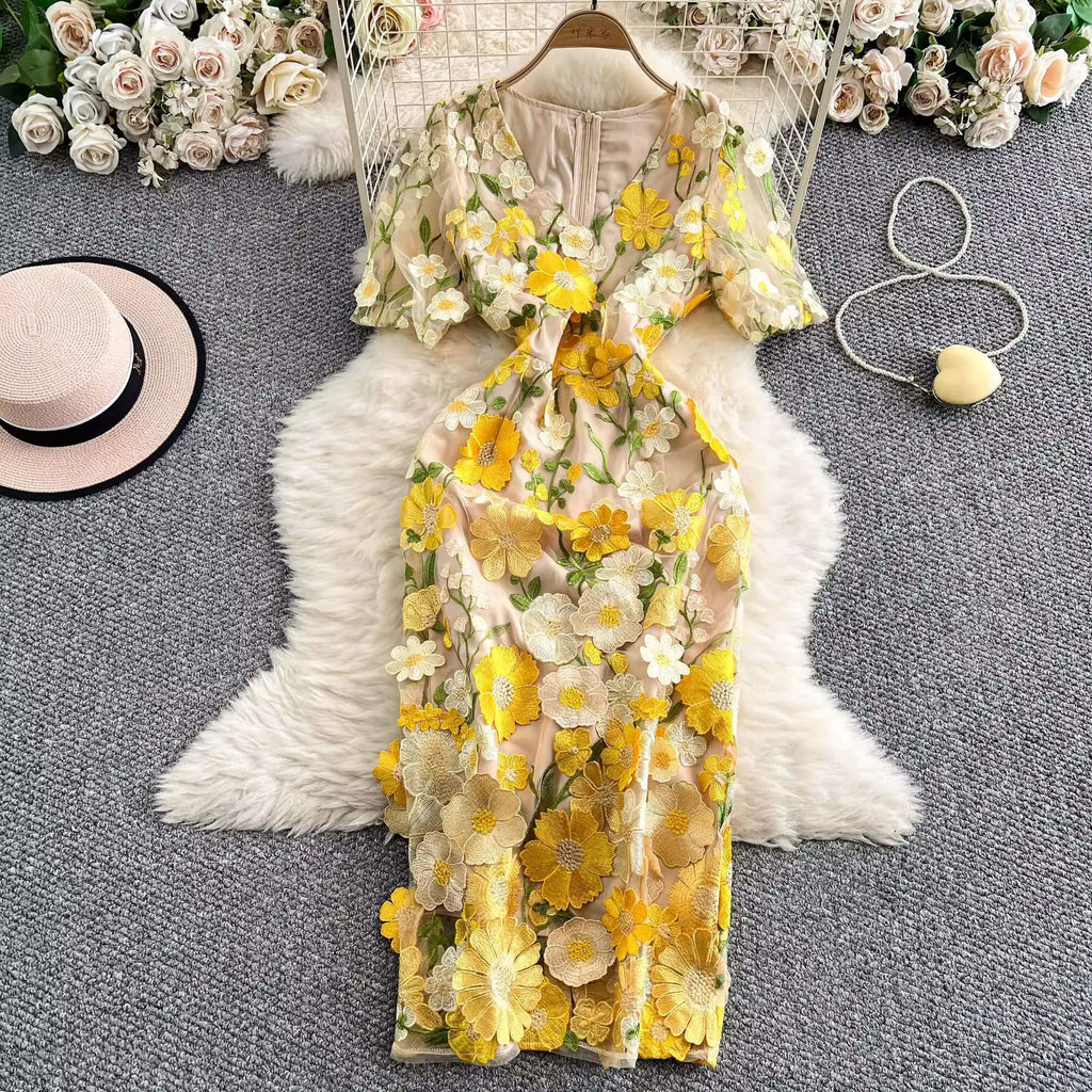 Sommer Luxus Midi Lange Kleider Party Elegante 3D Blume Stickerei Kurzarm Bleistift Tüll Prom Formale Kleid Frauen