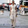 Damen Chic Top Hosenanzug Revers ärmellos V-Ausschnitt Schlankheitsoberteile Lose gerade durch Hosen 2025, neue Sommer-Pendler-Outfits