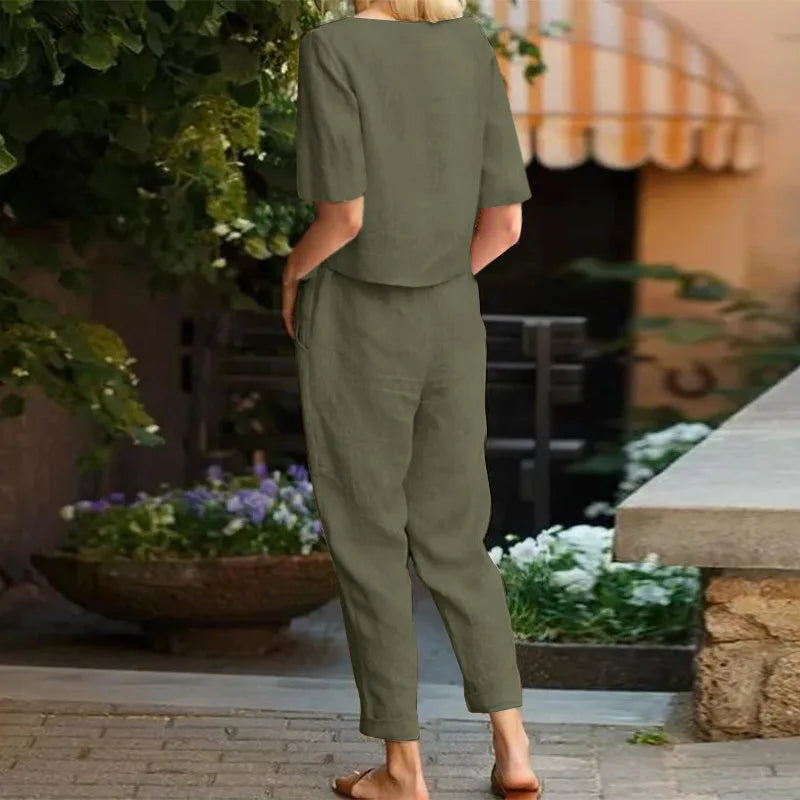 Damen-Anzug aus Baumwolle und Leinen, Sommer-passender Anzug, halbärmelige Rundhals-Krawatte, elastische Taille, Hose mit weitem Bein, Retro-Anzug 2024