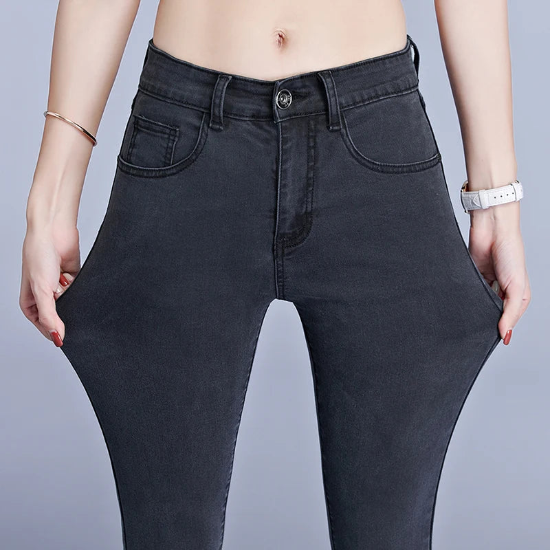 Jeans für Frauen Mom Jeans Blau Grau Schwarz Frau Hohe Elastische Stretch Jeans Weibliche Gewaschene Denim Skinny Bleistift Hosen