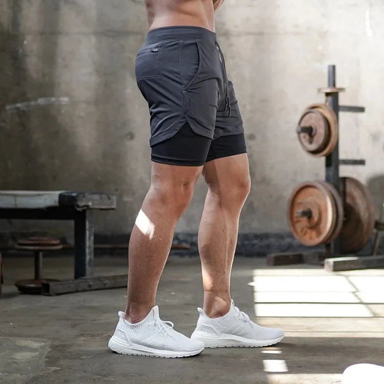 Doppelschichtige Fitness-Shorts für Herren, für Fitness, Fitnessstudio, Training, 2-in-1-Sport-Shorts, schnell trocknend, Workout, Joggen, Doppeldeck, Sommer
