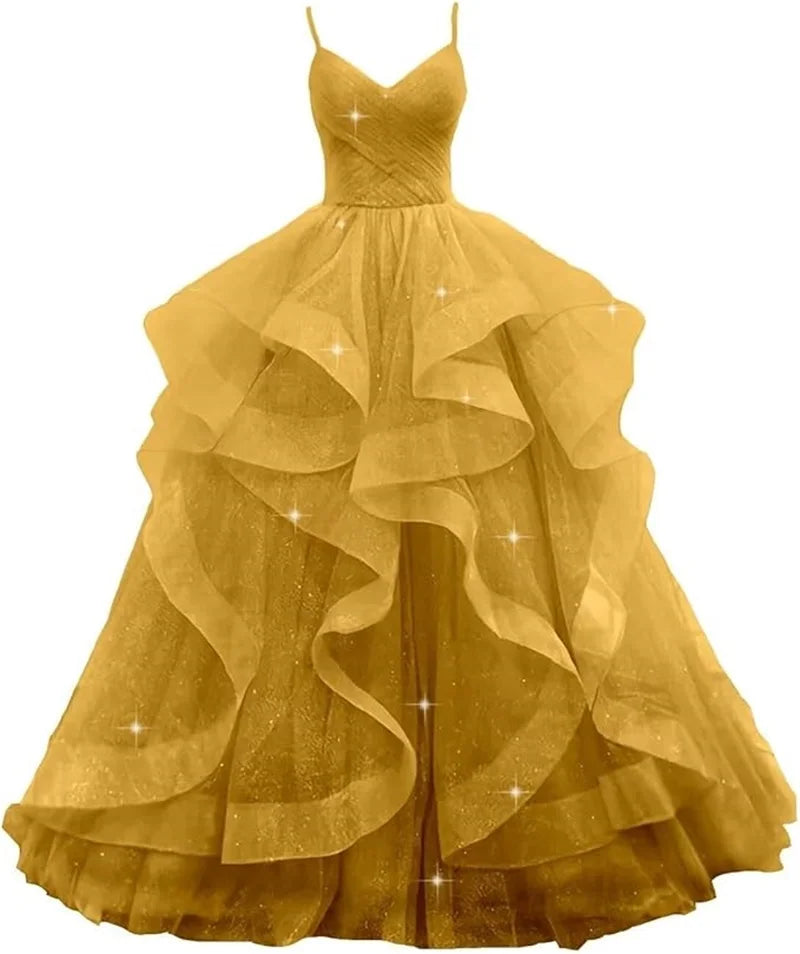 Maßgeschneiderte glitzernde Tüll-Abschlussballkleider, Spaghettiträger, Ballkleider für Frauen, bauschiges, abgestuftes, formelles Abend- und Partykleid