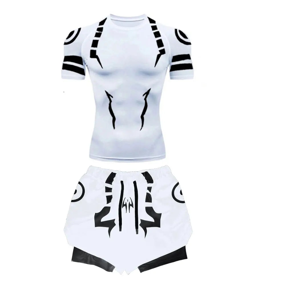 Anime Jujutsu Kaisen Kompressionsset Fitnessanzug für Herren, schnell trocknendes 3D-Kompressionsshirt + Fitnessstudio-Shorts, Lauf-Workout-Sportbekleidung