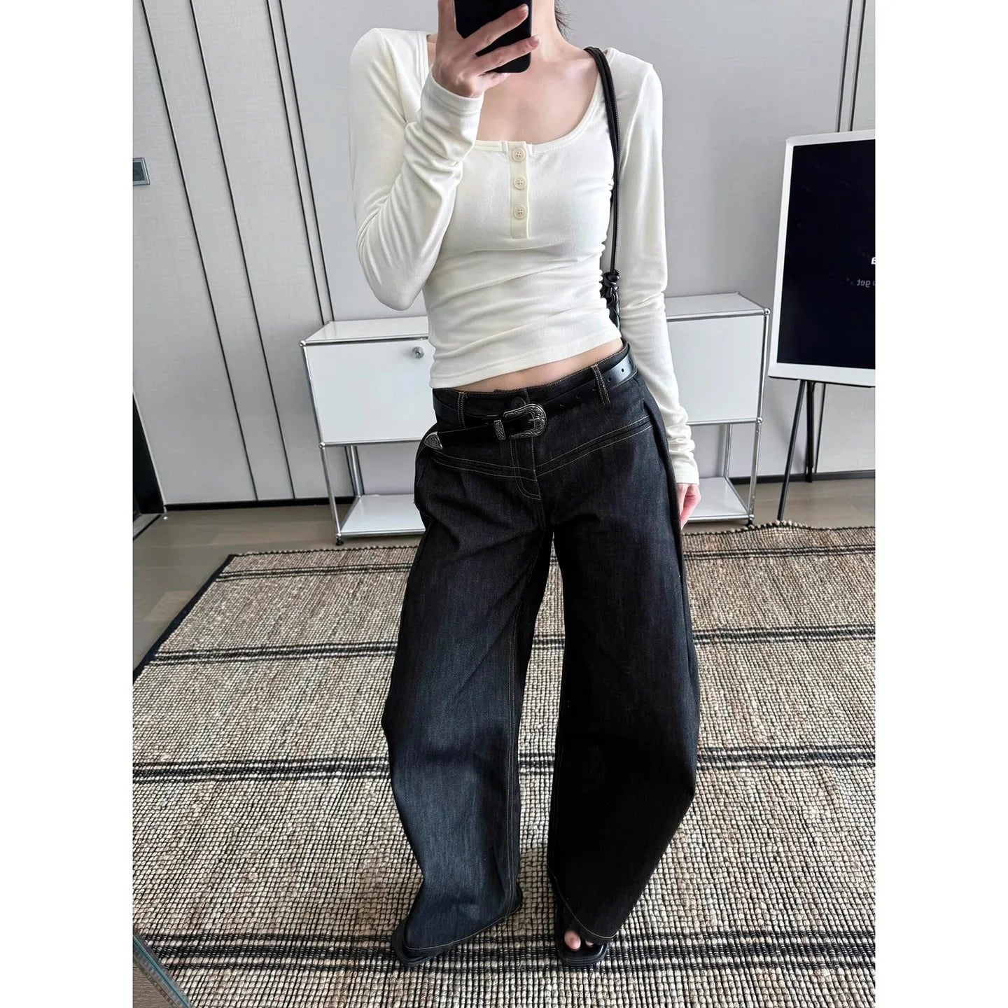 Baggy Denim Hose Washed Vintage High Waist Solid Casual Minimalist Hose Grunge Übergroße Street Retro Jeans
