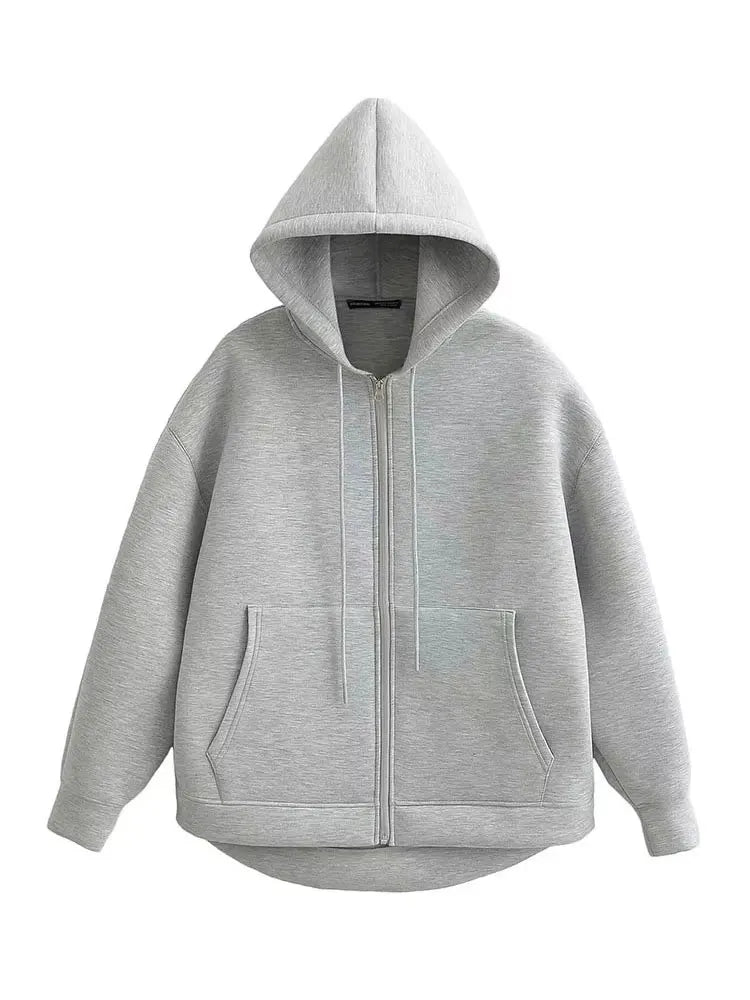 Herbst Frauen Grau Jacke Mit Kapuze Langarm Große Tasche Zipper Jacke Mantel Frau Lose Beiläufige Oberbekleidung Mantel Tops