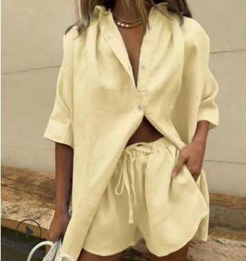 Casual Baumwolle Einfarbig Sets Frauen Kurzarm Lose Hemd Breite Bein Shorts Zwei Stück Set Frau Anzüge 2024 Sommer Outfits