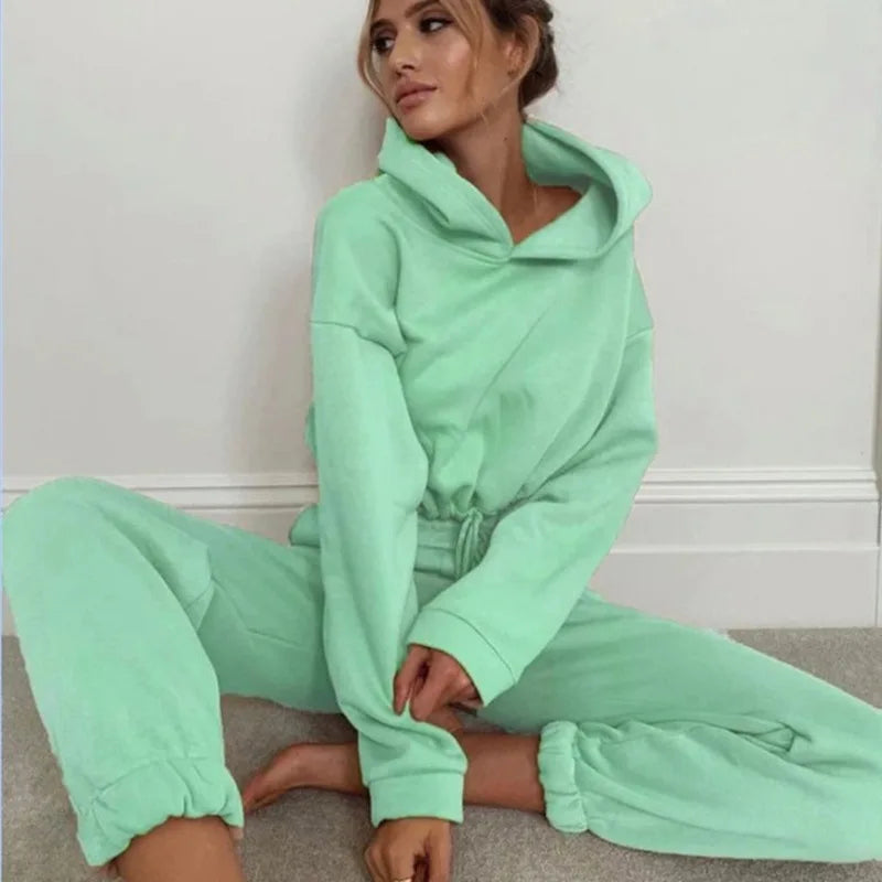 Winter-Trainingsanzug für Damen, zweiteiliges Set – übergroßer Kapuzen-Jogginghose, einfarbiger Sportanzug | Lässiges Sweatshirt-Hosen-Set