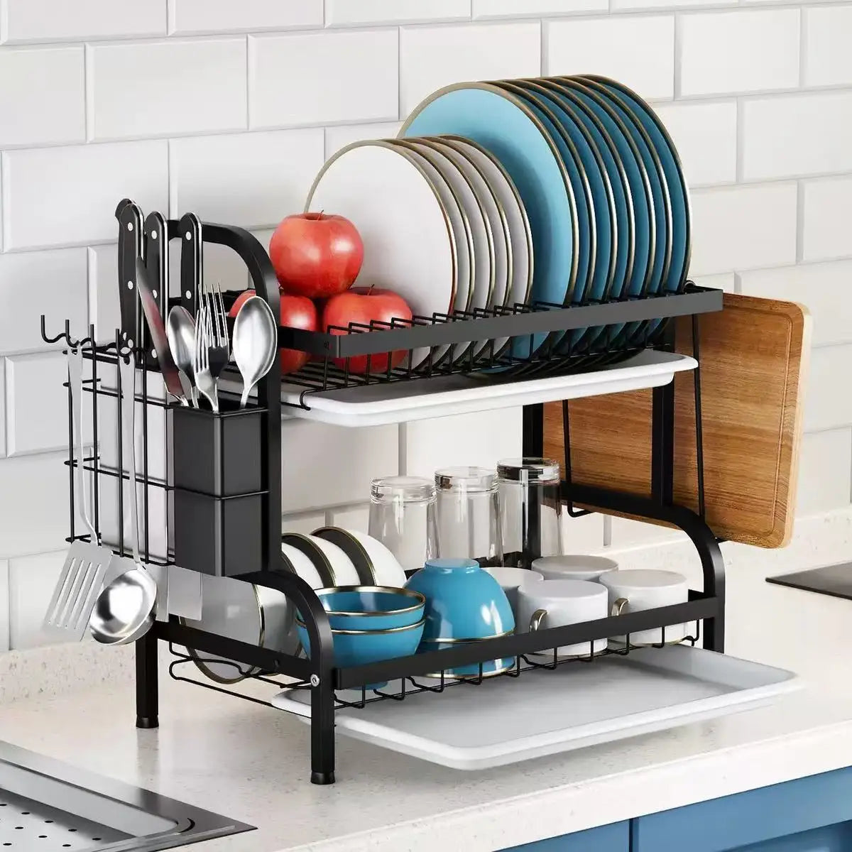 Abtropfgestell, 2-stöckig, kompakt, für die Küche, Abtropfgestell, Abtropfbrett-Set, großes, rostfreies Abtropfgestell mit Utensilienhalter
