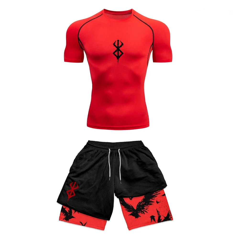 Anime 3D-gedrucktes Herren-Kompressionsset, kurzärmeliges Gym-Top + Workout-Shorts, schnell trocknend, atmungsaktiv, Leichtathletik-Rashguard-Set