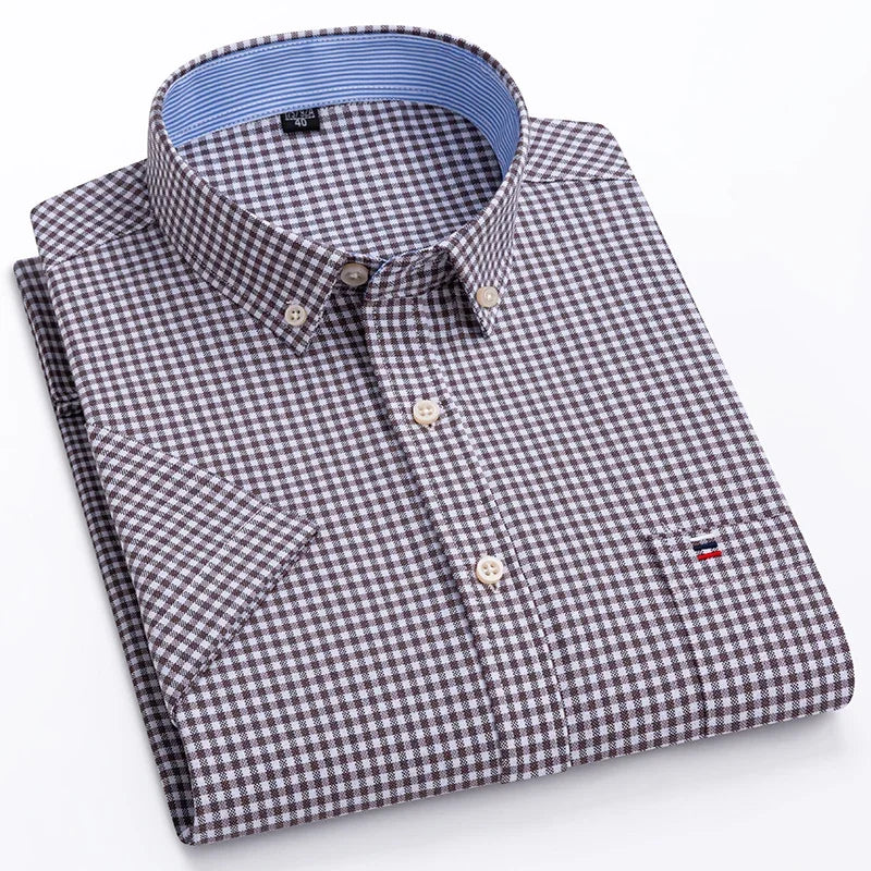 100% Baumwolle Atmungsaktiv Männer Oxford Kurzarm Sommer Plaid Shirts Gestreiften Männliche Kleidung Business Regular Fit Übergroßen