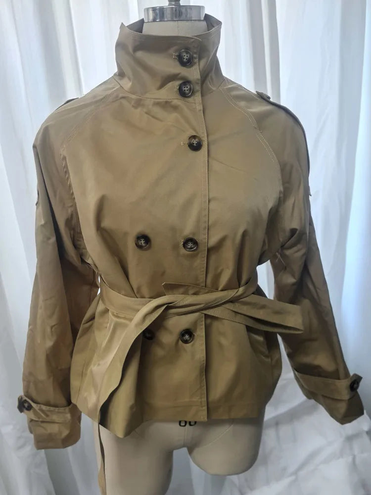 Gürtel Taille Abgeschnitten Graben Jacken Frauen Zweireiher Stehkragen Mäntel 2025, Herbst Chic Casual Vintage Jacke Frauen Tuch