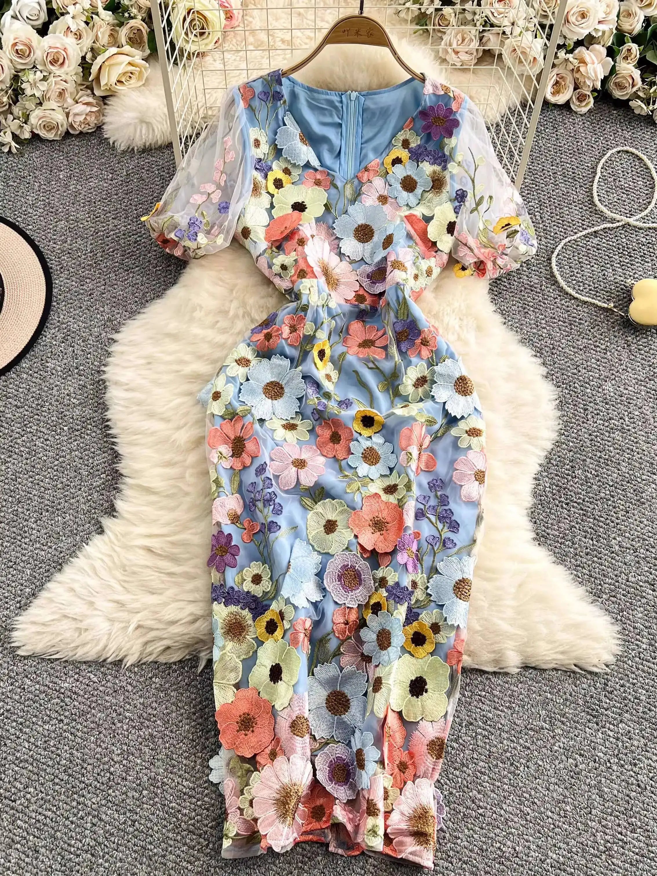 Sommer Luxus Midi Lange Kleider Party Elegante 3D Blume Stickerei Kurzarm Bleistift Tüll Prom Formale Kleid Frauen