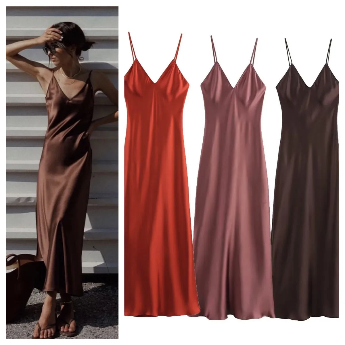 Neues elegantes Damen-Midikleid aus Seidensatin mit sexy Rückenausschnitt für Partys.
