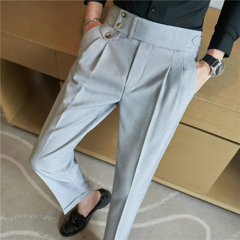 2026 Frühling Herbst Männer Hohe Taille Gürtel Design Beiläufige Dünne Formale Kleid Hose Männer Sozialen Büro Hochzeit Party Kleid Anzug Hosen