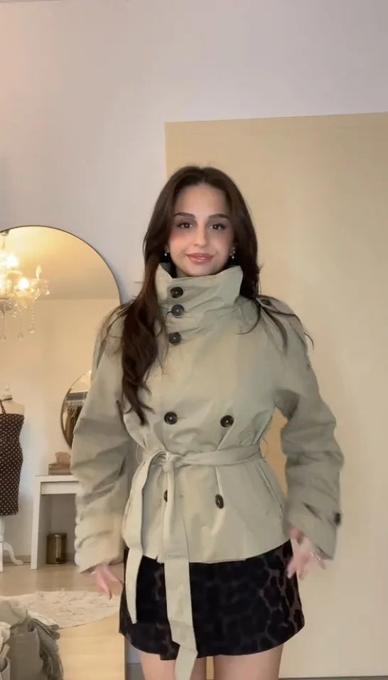 Gürtel Taille Abgeschnitten Graben Jacken Frauen Zweireiher Stehkragen Mäntel 2025, Herbst Chic Casual Vintage Jacke Frauen Tuch