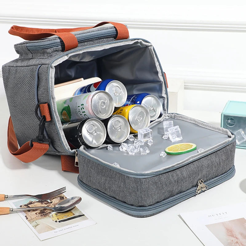 Doppelschichtige Lunch-Taschen Tragbare Picknick-Lebensmittel-Aufbewahrungstasche Große Kapazität Isolierte Kühltasche Umhängetasche Lunchbag Schultertaschen