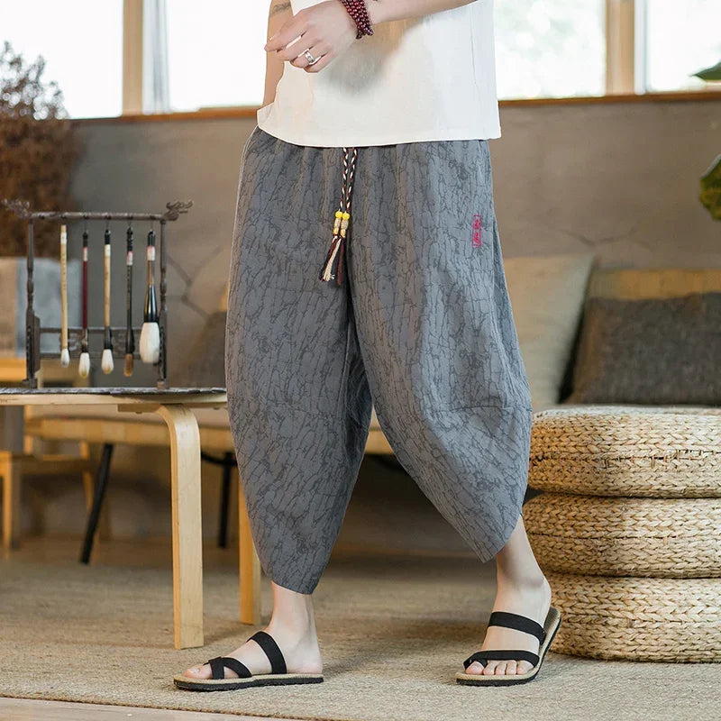 Japanischer Kimono, traditionelle Shorts, asiatische Kleidungshose für Herren, japanische Samurai, lässige, lockere Yukata-Leinen-Hose mit weitem Bein für Herren