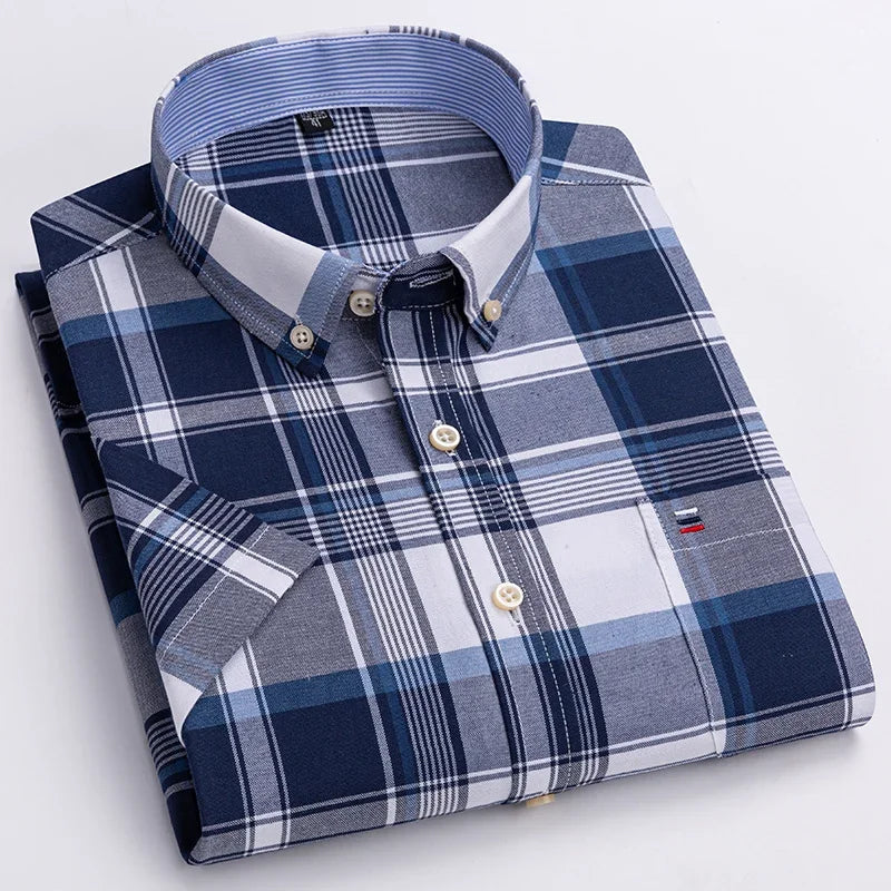 100% Baumwolle Atmungsaktiv Männer Oxford Kurzarm Sommer Plaid Shirts Gestreiften Männliche Kleidung Business Regular Fit Übergroßen