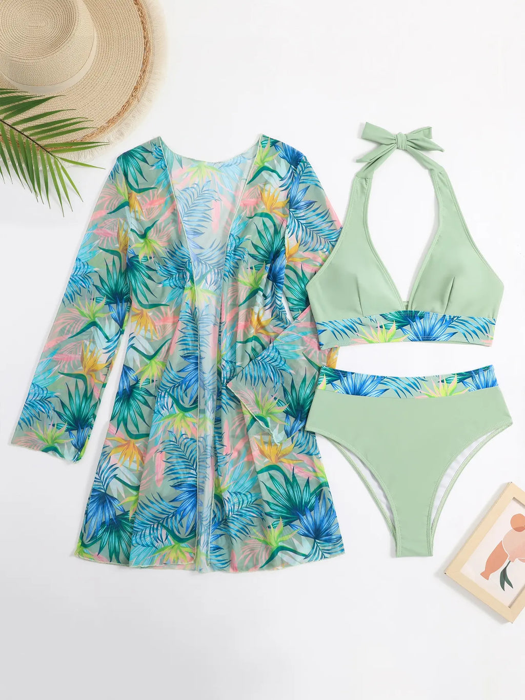 Halter-Print-Bikini 2026 Damen-Badeanzug mit Kimono, hochtaillierte Bademode, Damen-Badeanzug, Schwimmanzug, Strandmode