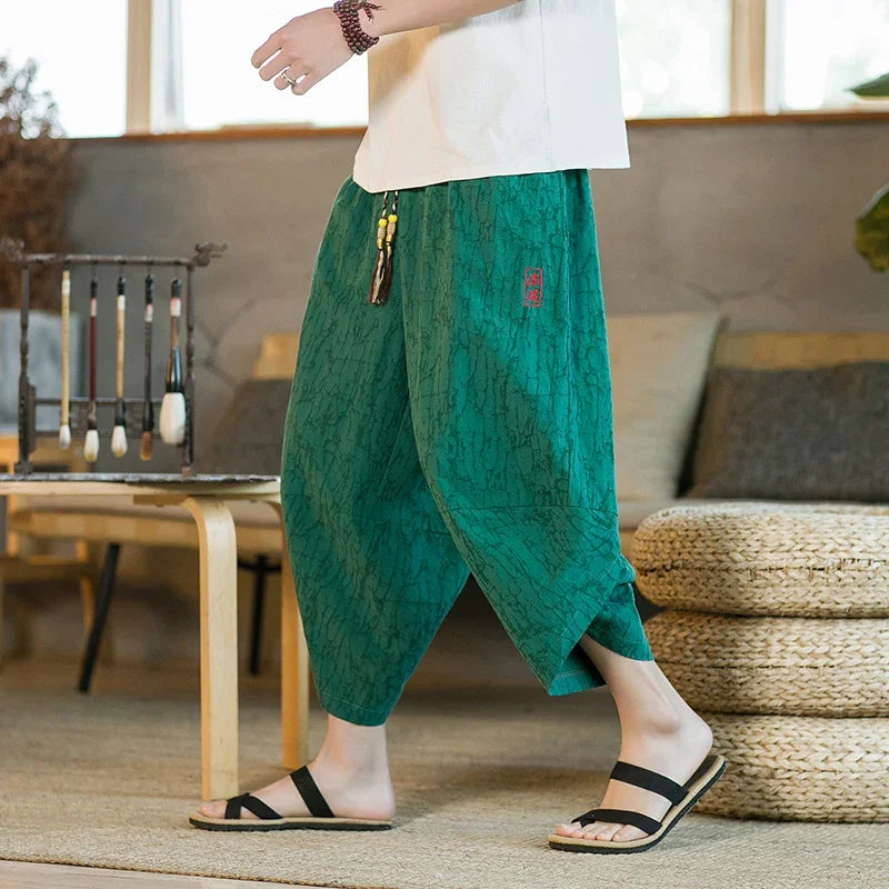 Japanischer Kimono, traditionelle Shorts, asiatische Kleidungshose für Herren, japanische Samurai, lässige, lockere Yukata-Leinen-Hose mit weitem Bein für Herren