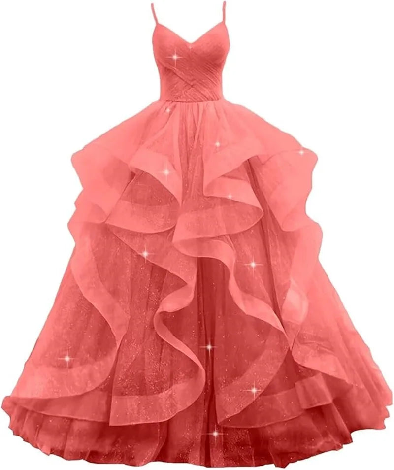 Maßgeschneiderte glitzernde Tüll-Abschlussballkleider, Spaghettiträger, Ballkleider für Frauen, bauschiges, abgestuftes, formelles Abend- und Partykleid