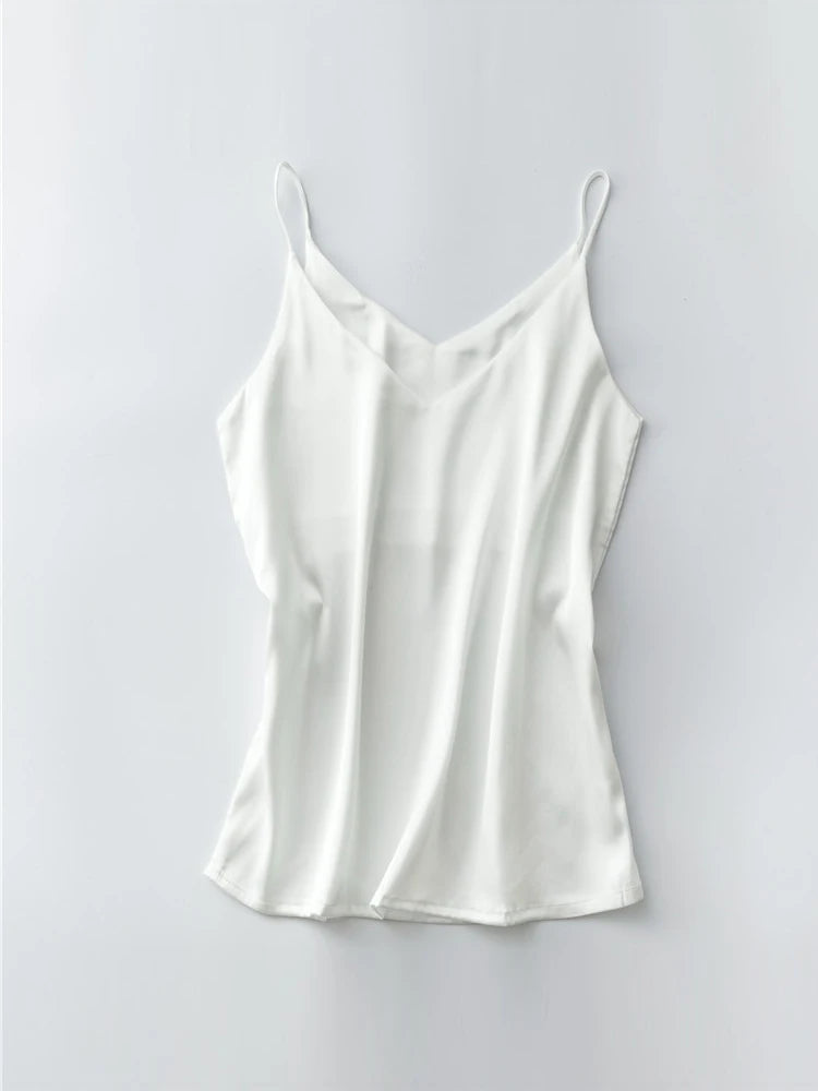 Spaghettiträger-Top für Damen, Neckholder, V-Ausschnitt, Basic, weiß, Cami, ärmellos, Satin-Seiden-Tanktops, Damen-Sommer-Unterhemd